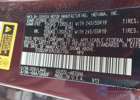 2019 Toyota Highlander Limited из США, поврежденный, VIN 5TDDZRFH7KS957766